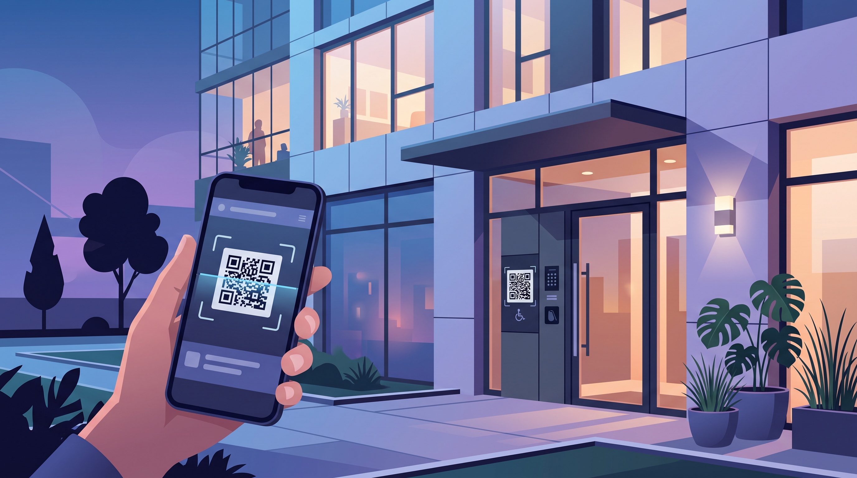 Visitor scanning a QR code at an apartment entrance to call a resident